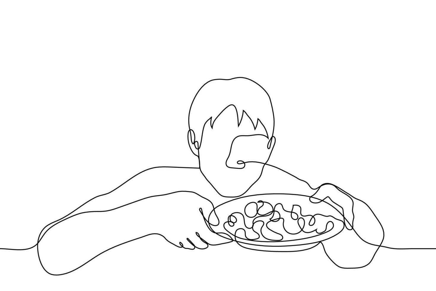 man shows the contents of his plate one line drawing vector. the blogger shows his food to the camera to viewers during the stream. online cooking vector