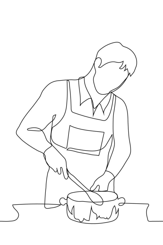 man in an apron is stirring food in a saucepan on the stove - one line drawing. chef, cooking lover prepares food vector