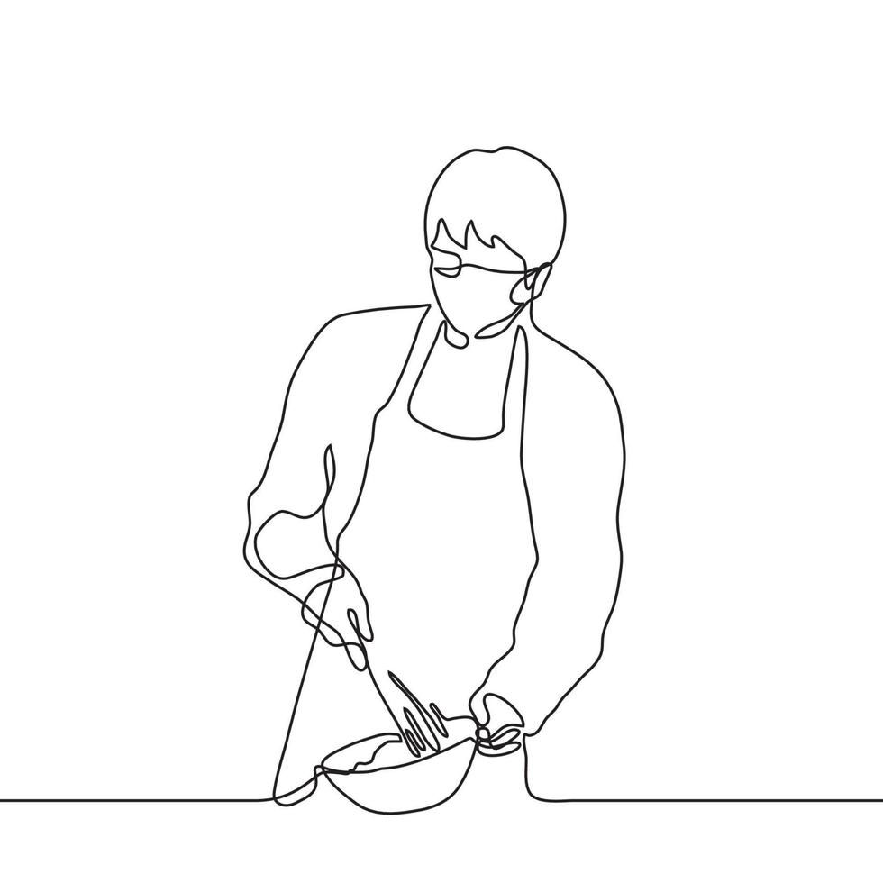 male chef is cooking with a mask on his face. one line drawing of a chef in a mask and wearing a frock-coat whisking eggs in a deep bowl vector