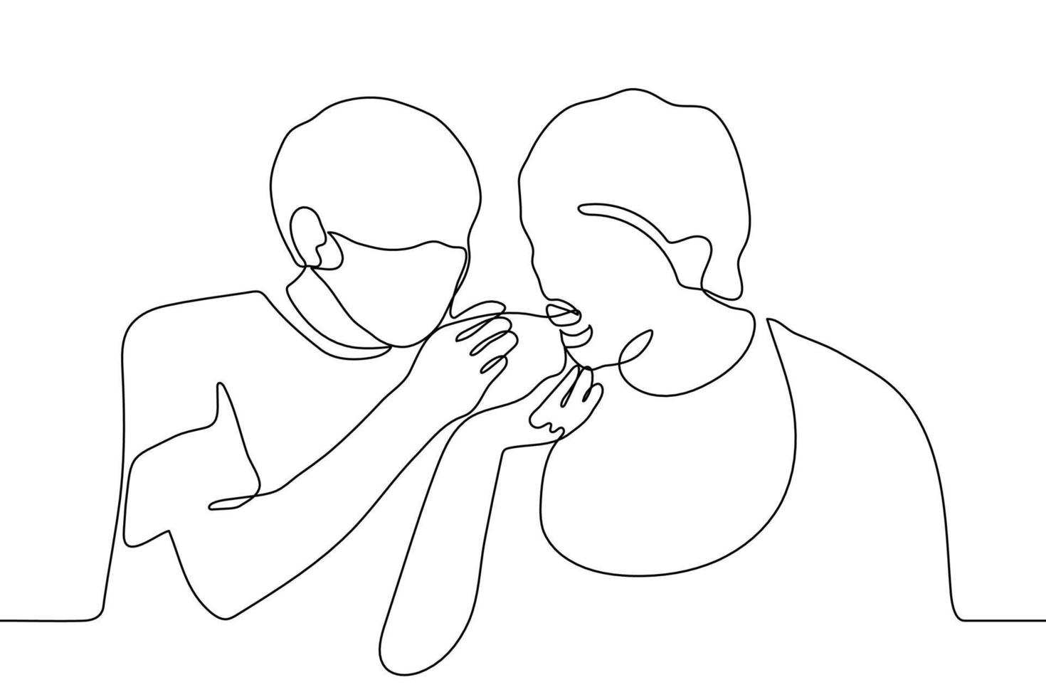 man in a mask feeds an old man from a spoon. one line drawing concept social worker feeding disabled old man vector