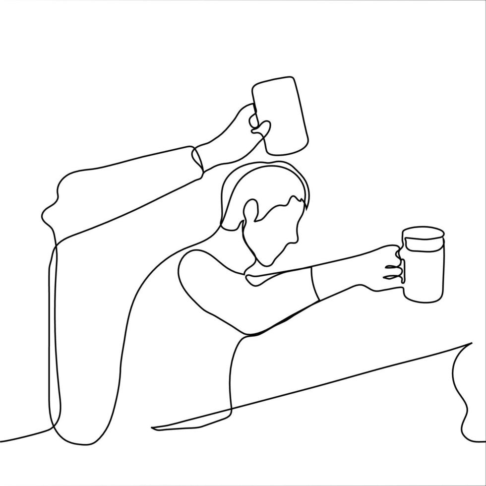 man sits at the table stretching out his glass of beer to clink glasses, above him is a hand with a glass of a nearby neighbor - one line drawing. the concept of  bar, corporate party, Oktoberfest vector