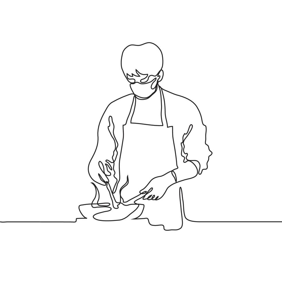 male chef in an apron, mask and gloves prepares. one line drawing of a chef stirring food in a frying pan on fire vector