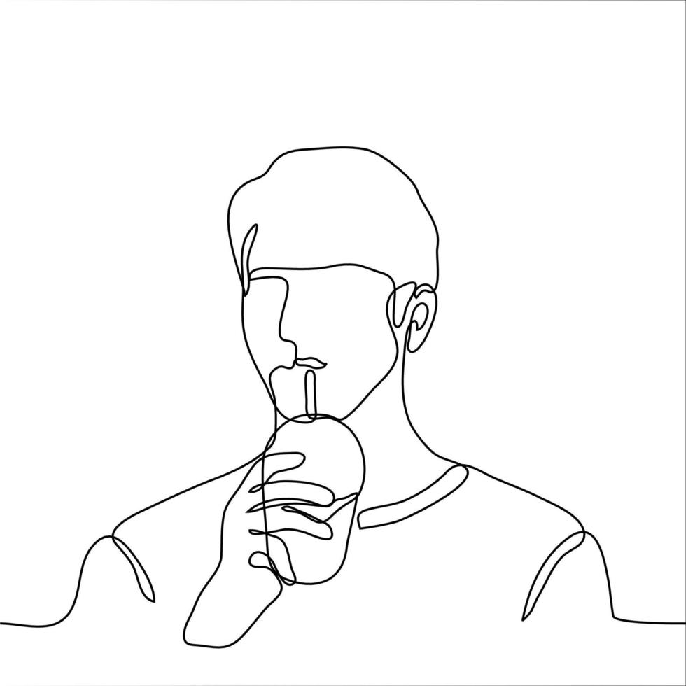 Portrait of a man drinking a drink from a glass using a straw. One continuous line drawing of a guy quenching thirst vector