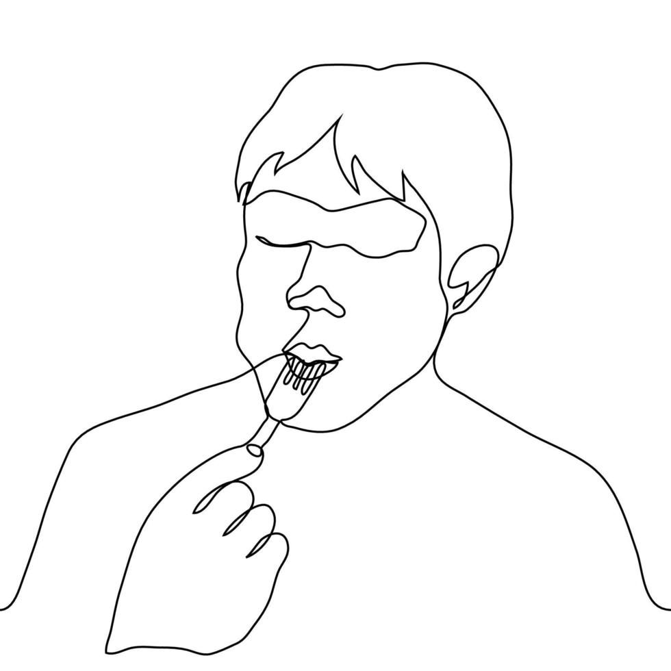face of a man who eats, his cheeks are full of food, a fork is clamped between his lips, the guy closed his eyes and eats with pleasure. one line drawing gourmet eating vector