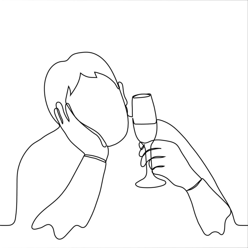man holds a glass of champagne and looks at it, his other hand props his head - one line drawing. The concept of a sad holiday, drinking alcohol alone, alcoholism vector