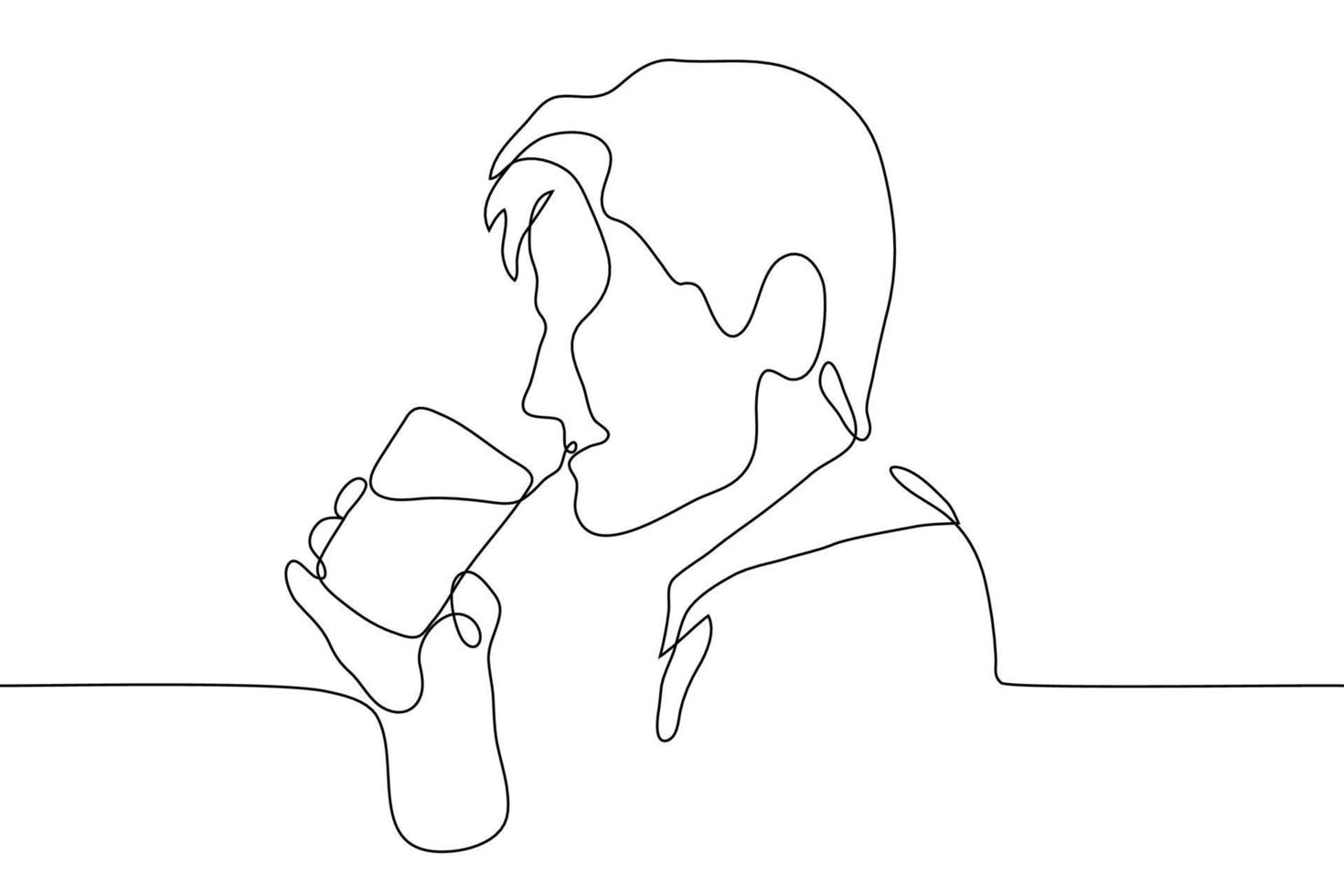 retrato de un hombre en perfil con un vaso de bebida trajo a su boca. uno continuo línea Arte chico es acerca de a bebida agua vector