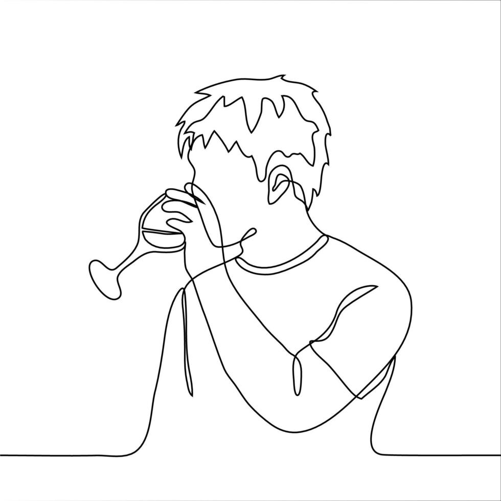man in a T-shirt drinks a drink from a glass on a leg wine, champagne, water. One continuous line drawing drinking alcohol, amateur, sommelier drinks wine, quenching thirst vector
