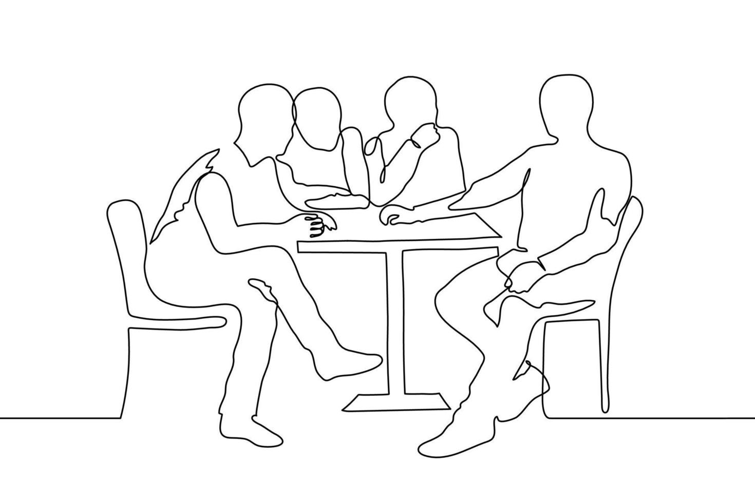 continuous line art silhouette of four men at a small table. three men look at the fourth, who is sitting dominantly across from them. company of friends in a cafe, corporate gatherings, waiting vector