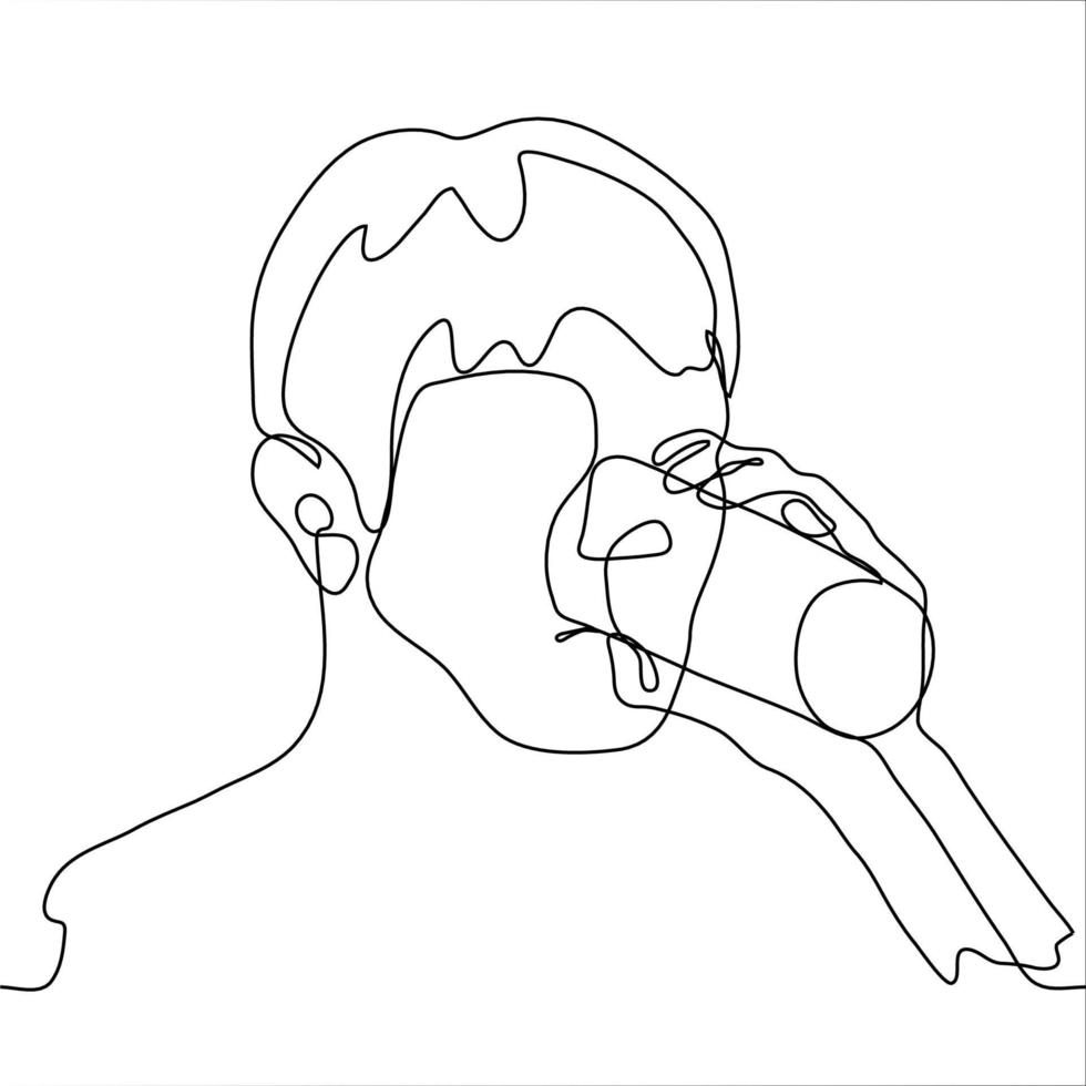 head portrait of a man with short hair drinking liquid from a tall glass. one continuous line drawing man drinking water, quenching his thirs vector