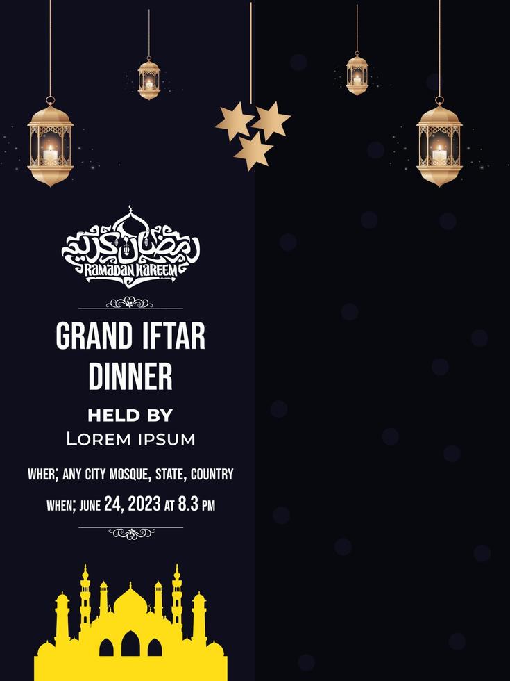 Hajj and Umrah Luxury package flyer, Ramadan Kareem flyer template islamic brochure post Arabic calligraphy, Greeting card celebration of Muslim community festival, Translation The month of fasting vector