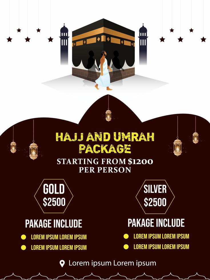 Hajj and Umrah Luxury package flyer, Ramadan Kareem flyer template islamic brochure post Arabic calligraphy, Greeting card celebration of Muslim community festival, Translation The month of fasting vector
