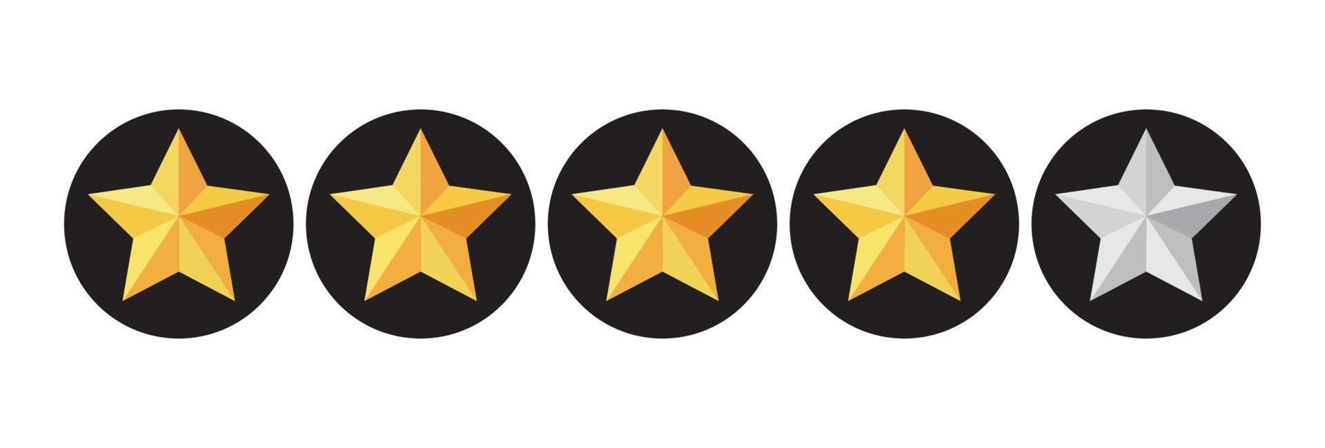 Four stars rating vector button. Yellow rating stars in dark circles backgrounds.