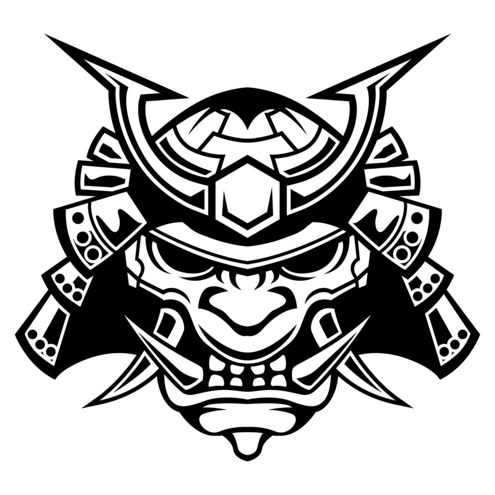 demonio máscara de samurai guerrero vector negro y blanco logo casco ilustración