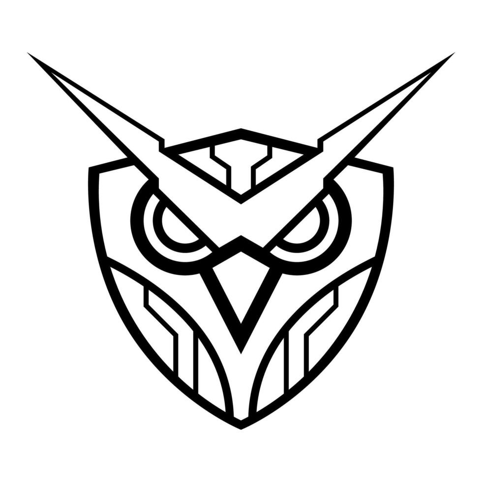 Techno Owl Vector Black And White Shield Logo Design Illustration