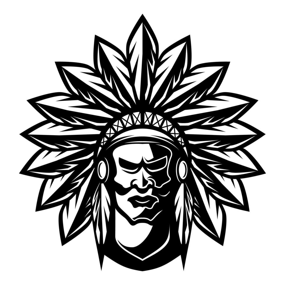 Indian Man vintage style chief Apache mascot design character vector illustration black and white