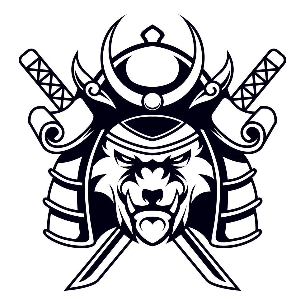 Tiger Samurai With cross katana drawing vector logo black and white design illustration template