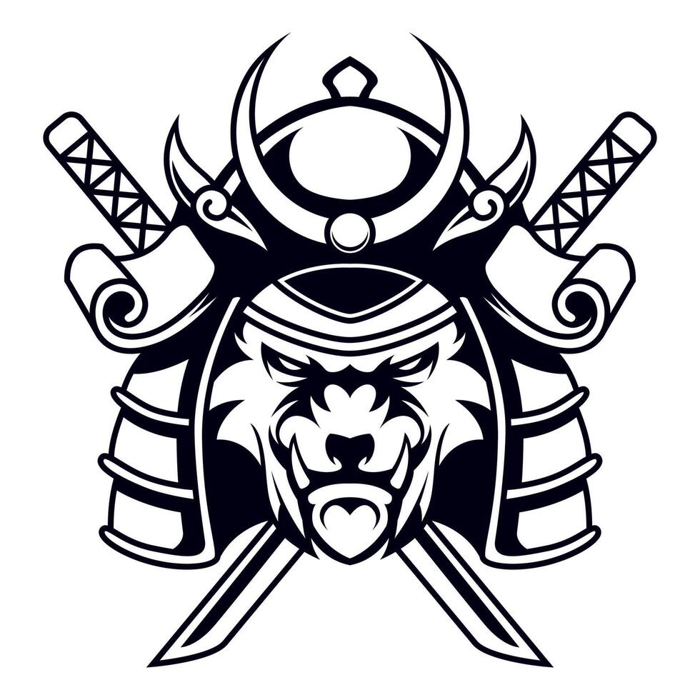 Tigre samurai con cruzar katana dibujo vector logo negro y blanco diseño ilustración modelo