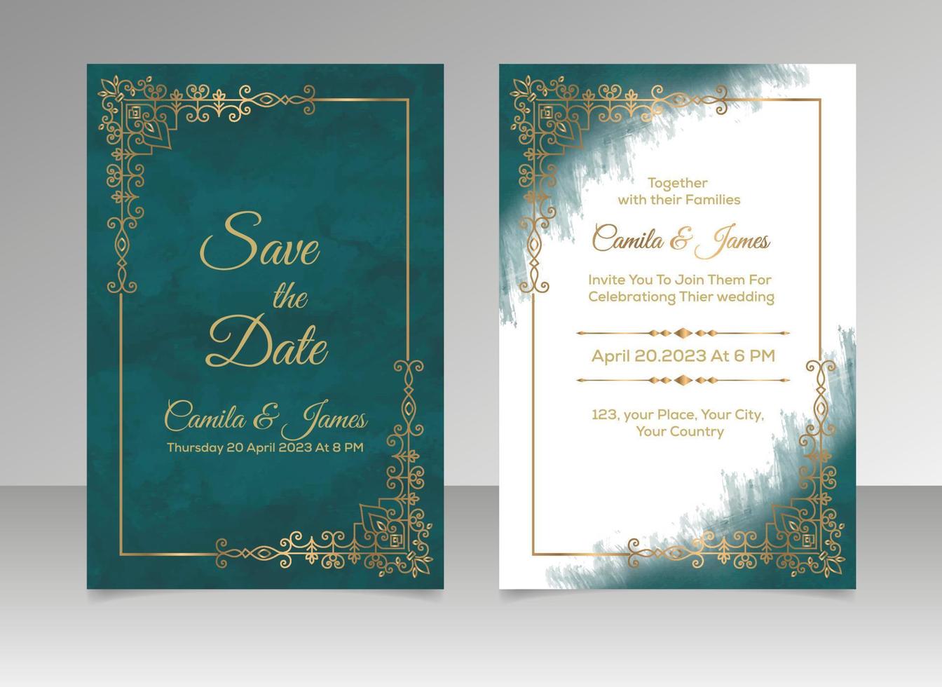 watercolor wedding invitation with golden gradient, floral border with watercolor background vector