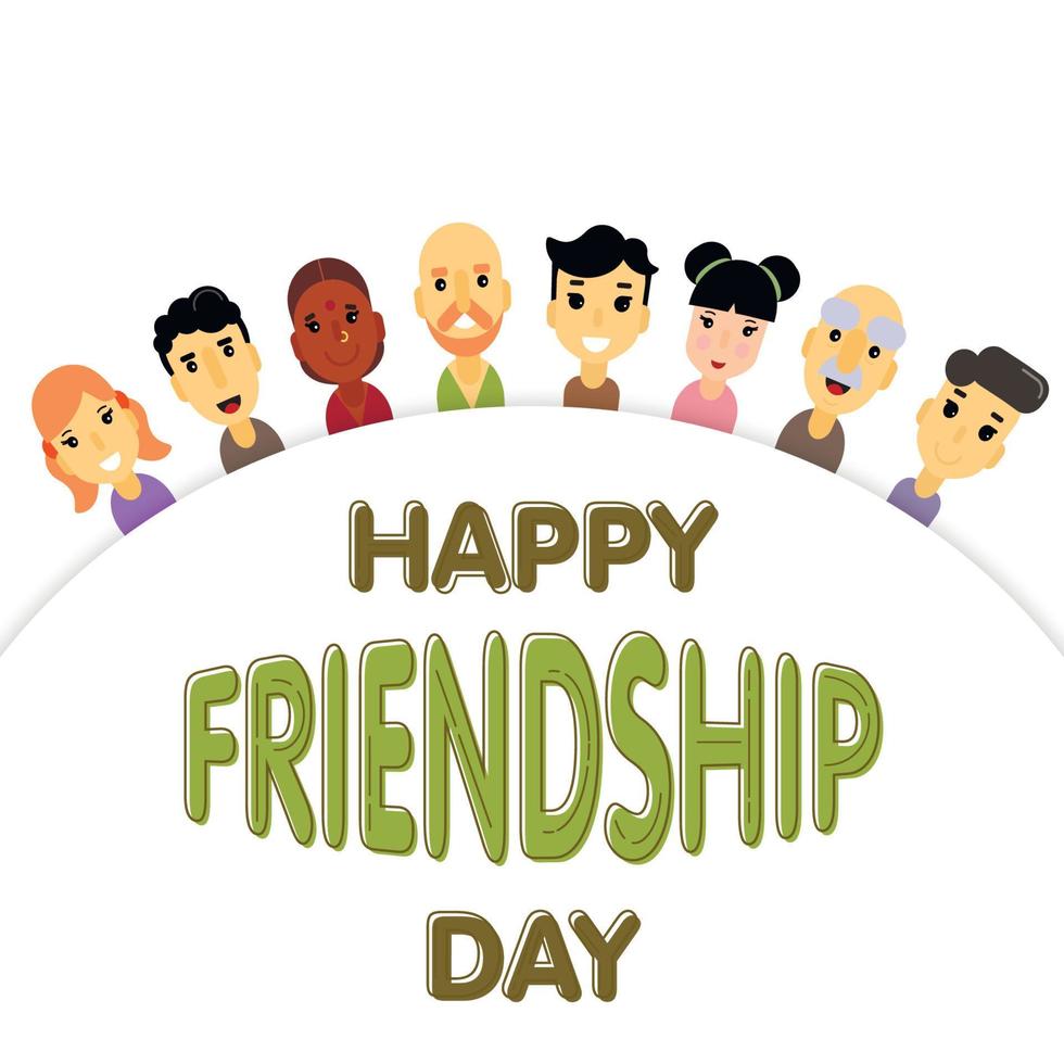 The semicircle of friends of different genders and nationalities as a symbol of International Friendship day. Vector illustration of banner for the International Day of friendship.