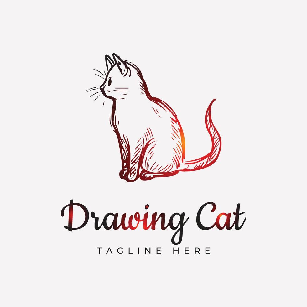 Hand drawing red gradient cat logo design vector