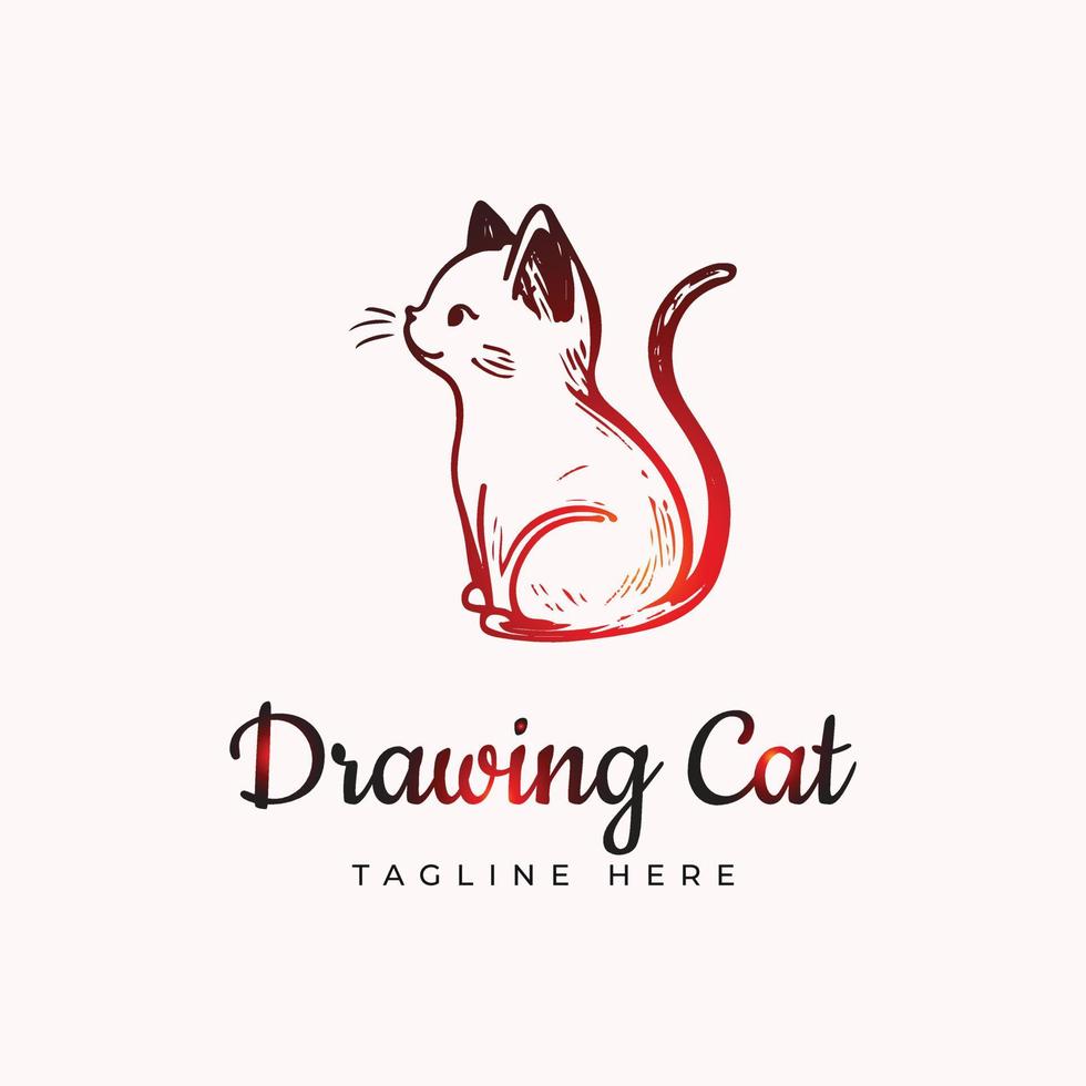 Hand drawing red gradient cat logo design vector