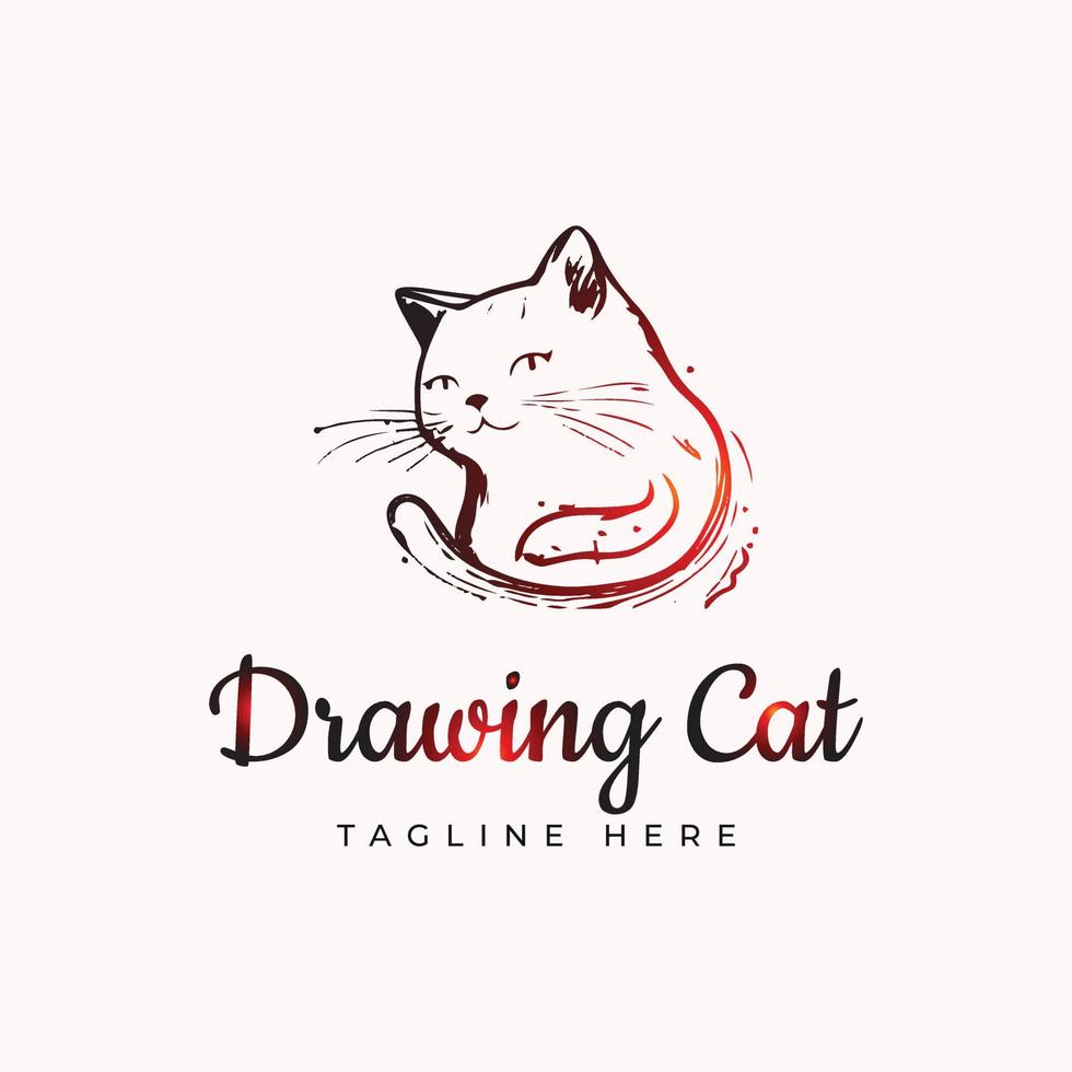 Hand drawing red gradient cat logo design vector