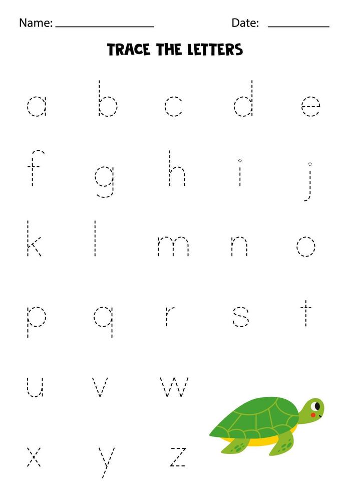 Learning alphabet. Tracing letters. Cute green turtle. vector