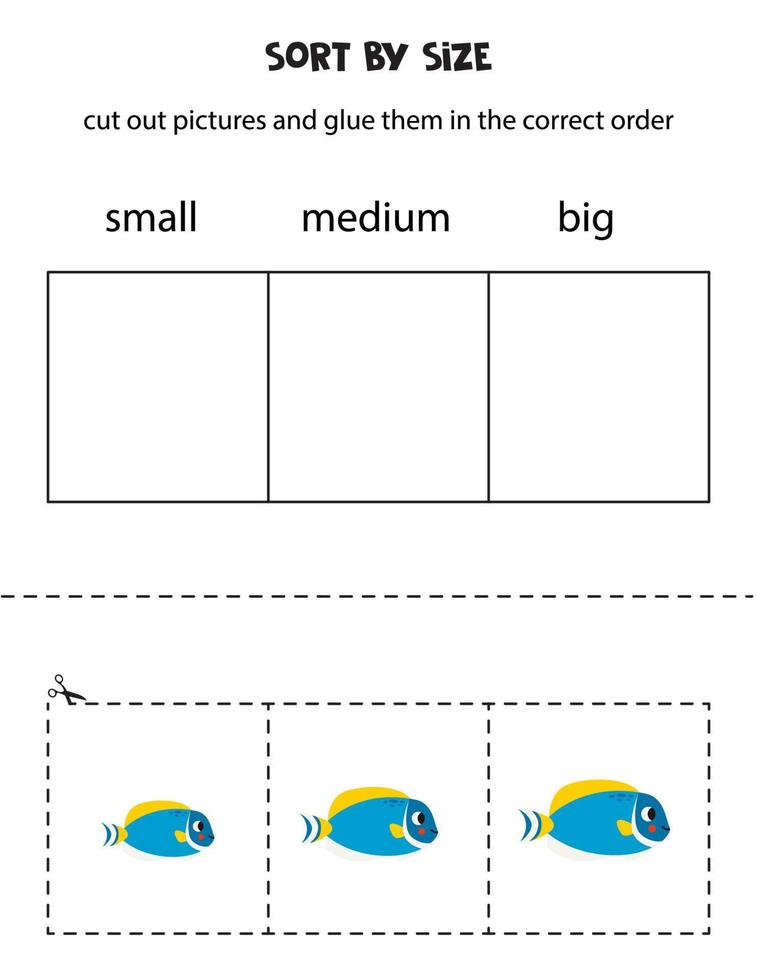 ordenar polvo azul Espiga pescado por tamaño. educativo hoja de cálculo para niños. vector