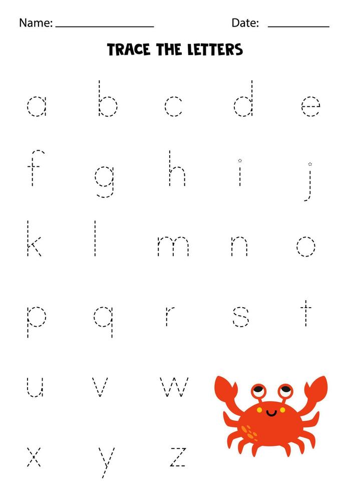 Learning alphabet. Tracing letters. Cute crab. vector