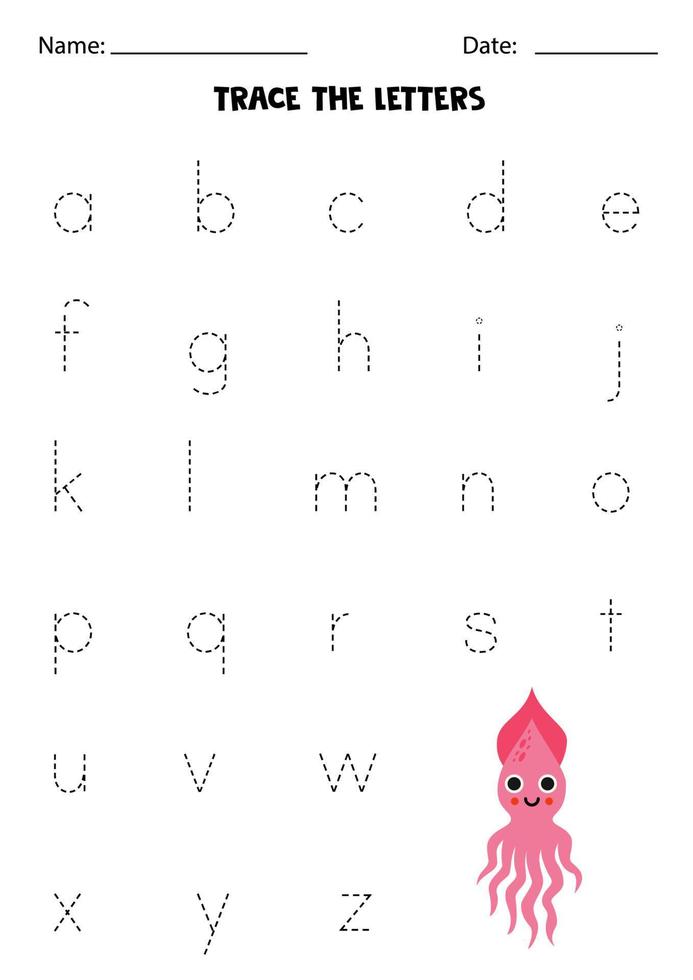 Learning alphabet. Tracing letters. Cute pink squid. vector