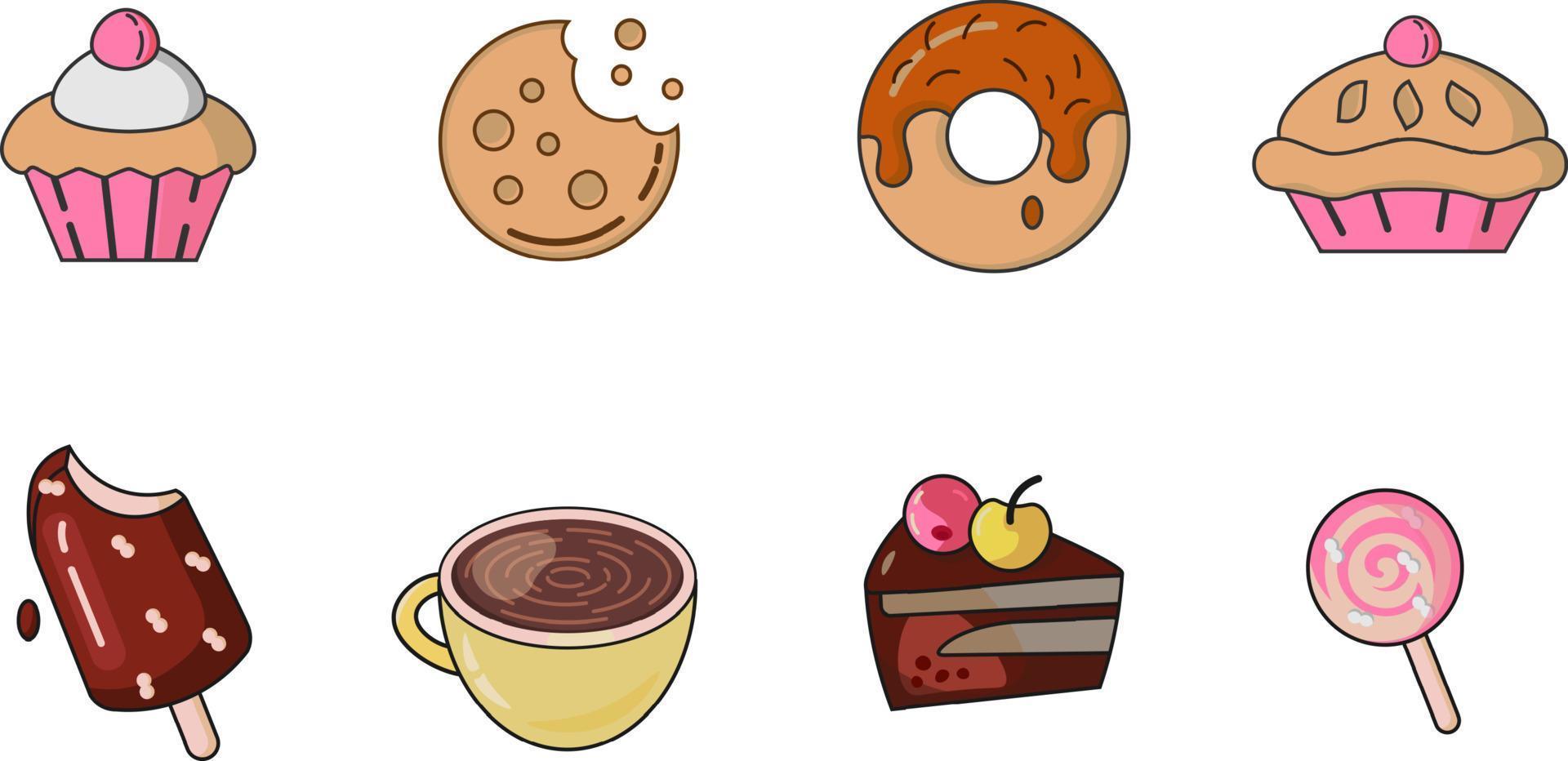 Desserts illustration. Cakes, pie, ice cream, candy vector