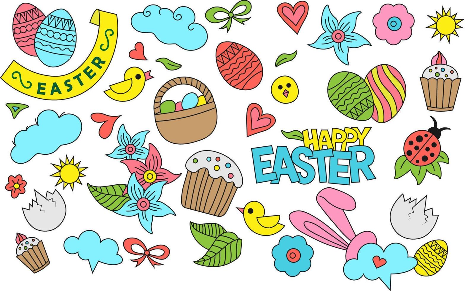 seamless pattern with flowers. Vector drawing symbol pattern. Happy Easter. Eggs. Easter cupcake. Flowers. Bunny. Chick