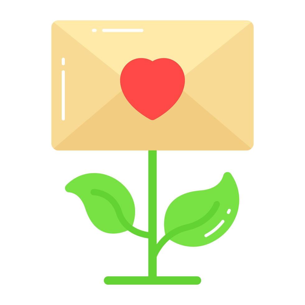 Letter envelope with heart on plant, vector design of growing love plant