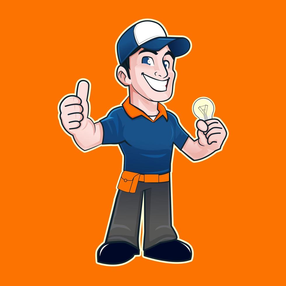 the mascot of an electrician wearing a blue-orange polo shirt vector