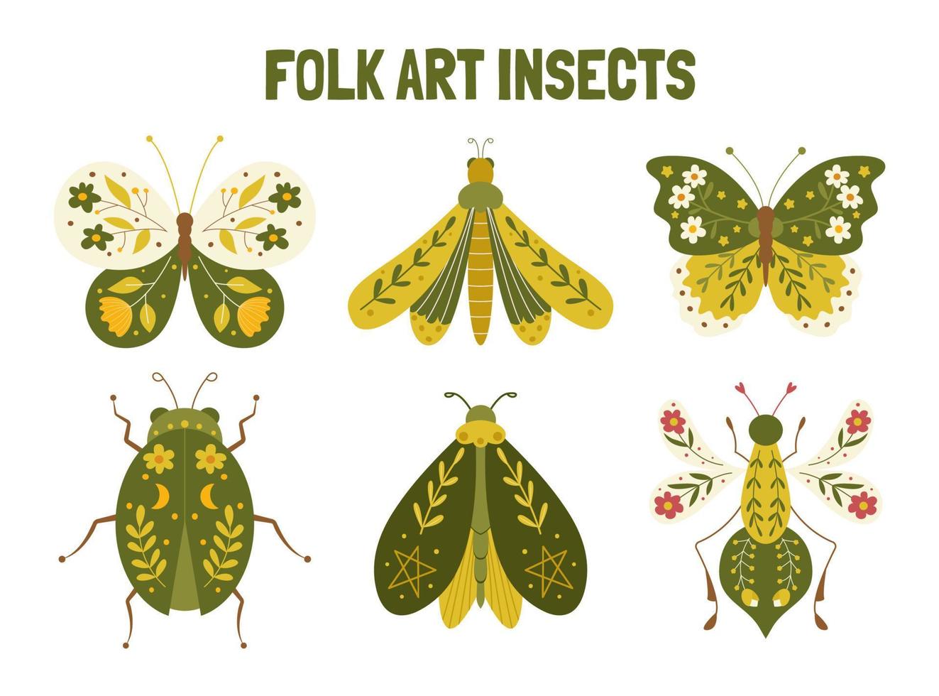 Spring motifs in folk art style. Folk art insects vector