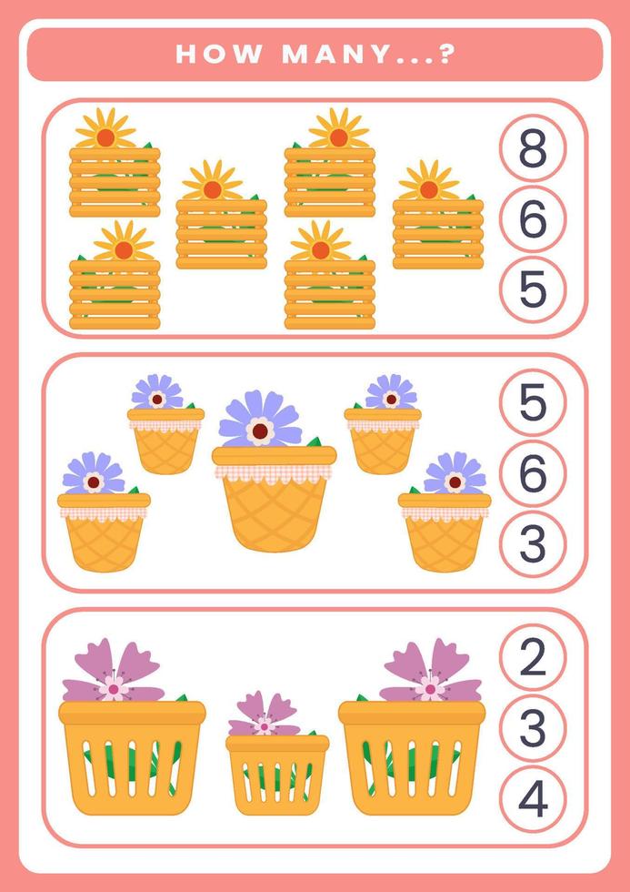 How many flowers are there. Math worksheet for kids vector