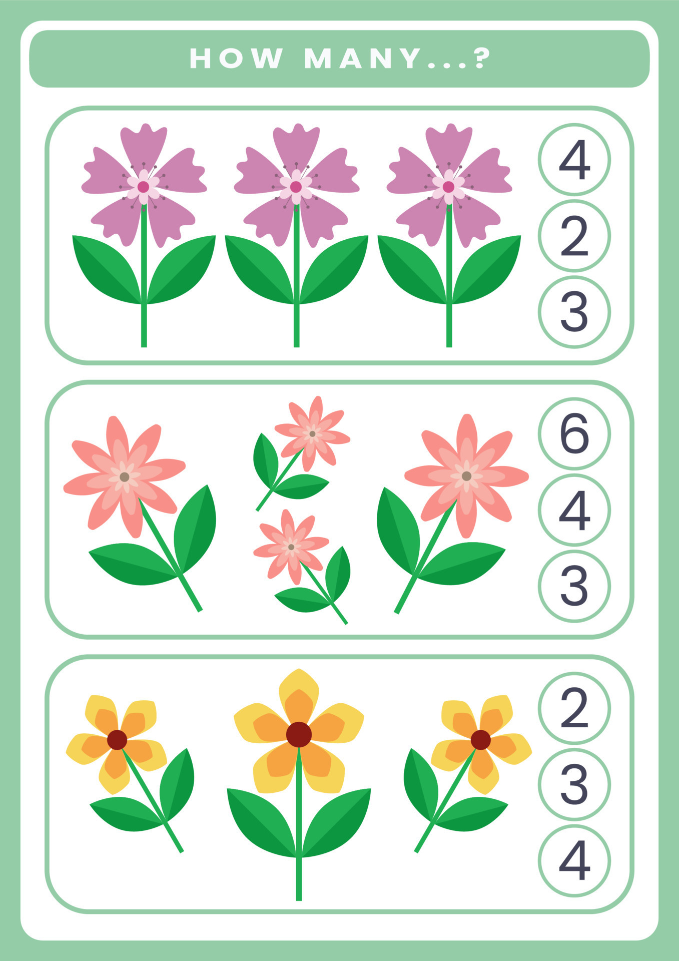 How many flowers are there. Math worksheet for kids 20542078 Vector Art