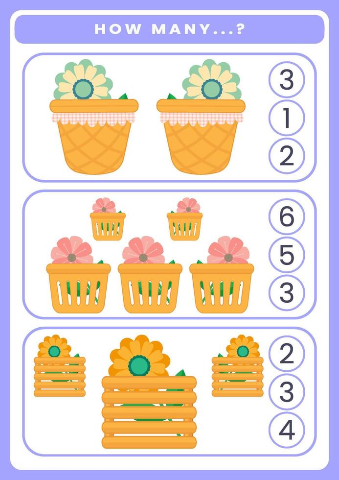 How many flowers are there. Math worksheet for kids vector