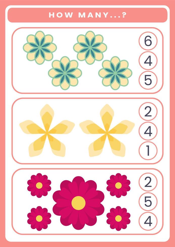 How many flowers are there. Math worksheet for kids vector