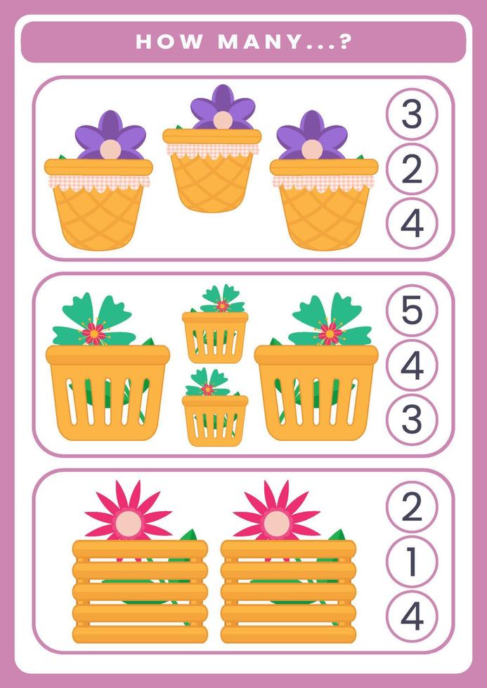 How many flowers are there. Math worksheet for kids vector