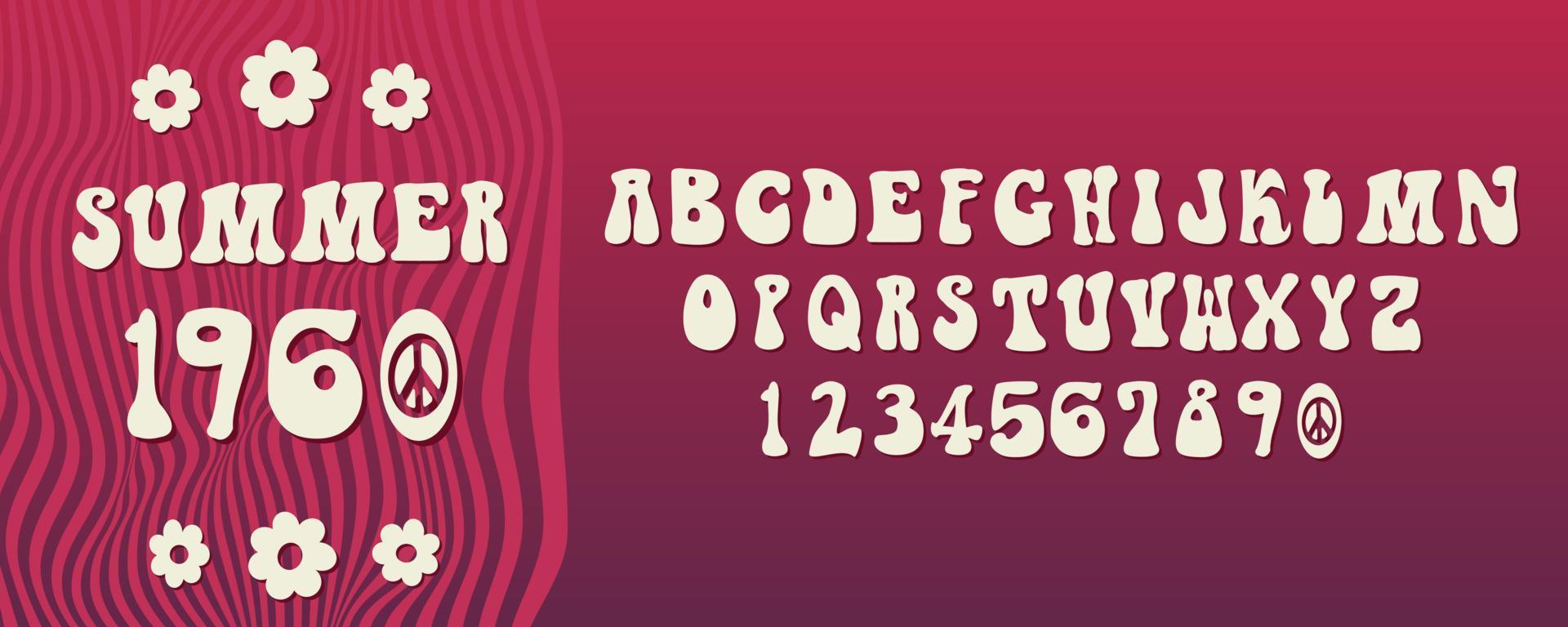 1960 Alphabet. Summer time abc. Hippie typography. Peace and love