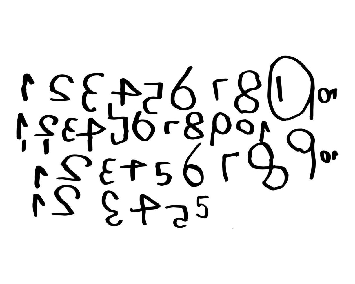 Numbers written by child's hand in reverse, backward. Dislexia symptom. Dysgraphia. Child's written work example. Dislexia awareness, diagnosis. vector