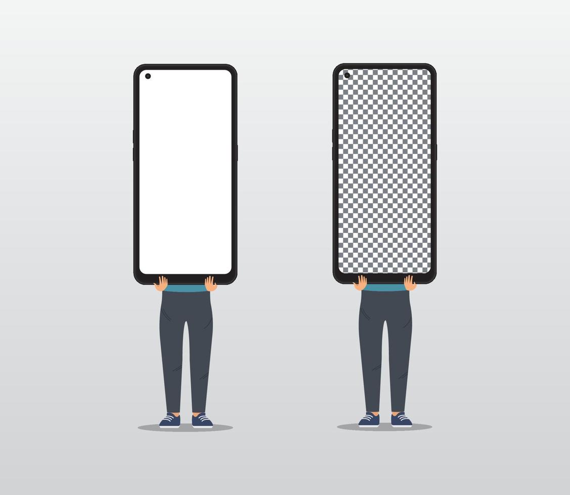 A man standing with a smartphone raised, with empty mock up white and transparent screen. Mobile app advertisement concept. Vector, illustration vector