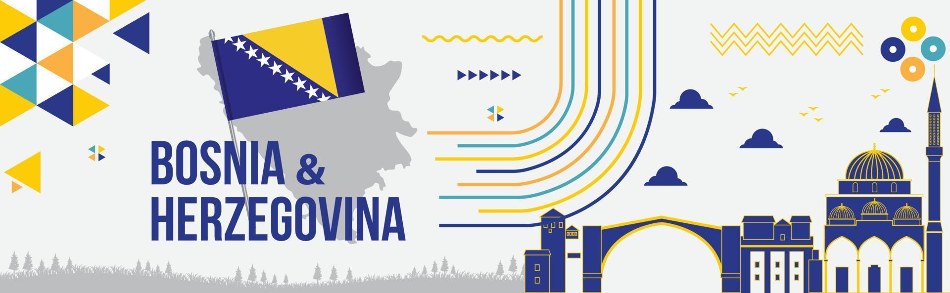 Bosnia and Herzegovina Independence day Banner Design with Bosnia Flag, colors theme background, Bosnia and Herzegovina Map, Text Landmarks, Geometric Abstract Blue Yellow White colors Illustration vector