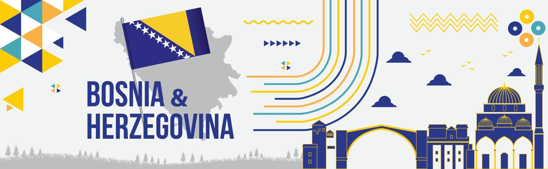 bosnia y herzegovina independencia día bandera diseño con bosnia bandera, colores tema fondo, bosnia y herzegovina mapa, texto puntos de referencia, geométrico resumen azul amarillo blanco colores ilustración vector