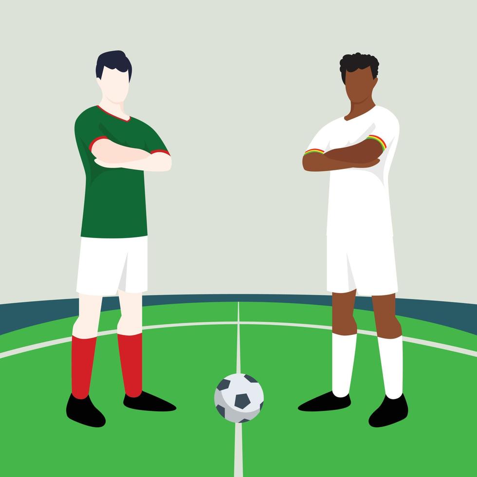 Match preview displaying two male footballers within a football field vector illustration. Mexico vs Ghana.