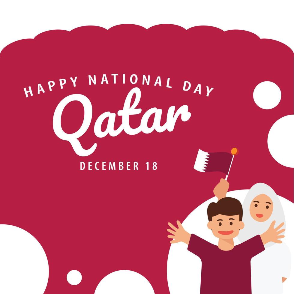 Qatar independence day vector illustration with a boy and his mom waving the national flag.