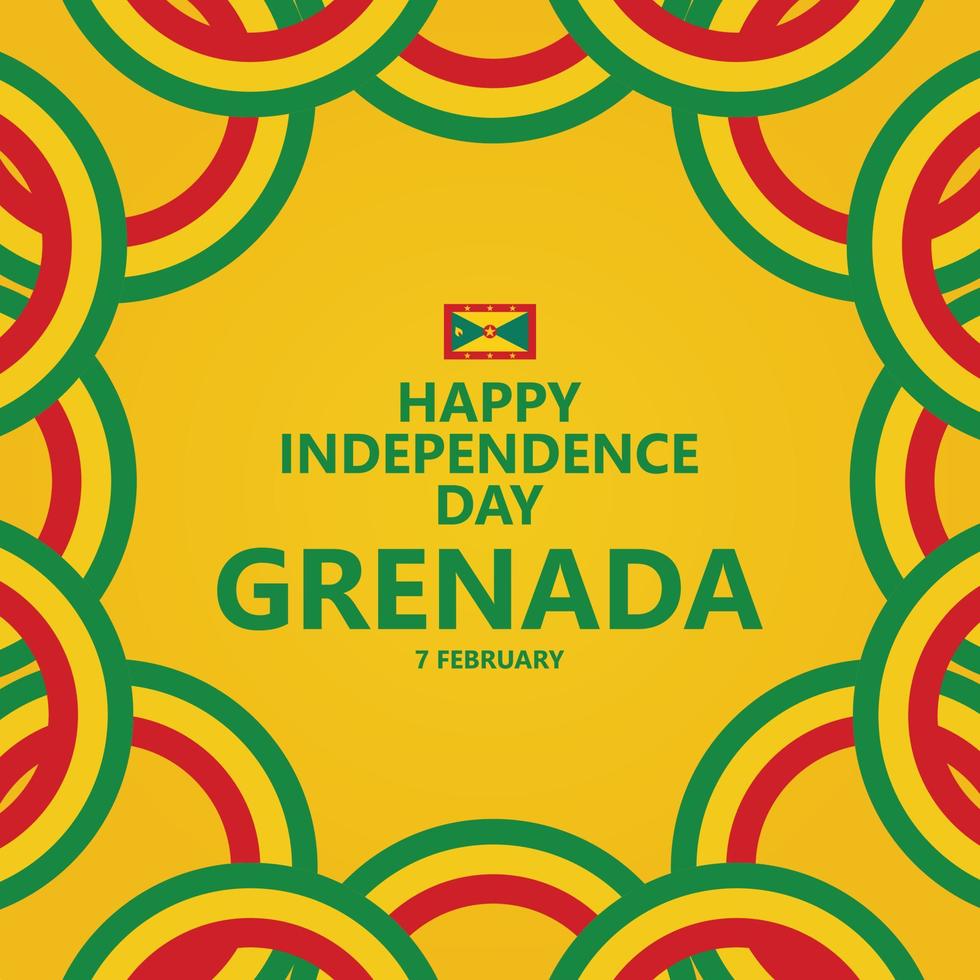 Grenada independence day vector template with circular national colors and a flag within yellow background. Caribbean country public holiday.