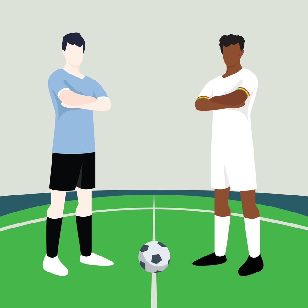 Match preview displaying two male footballers within a football field vector illustration. Uruguay vs Ghana.