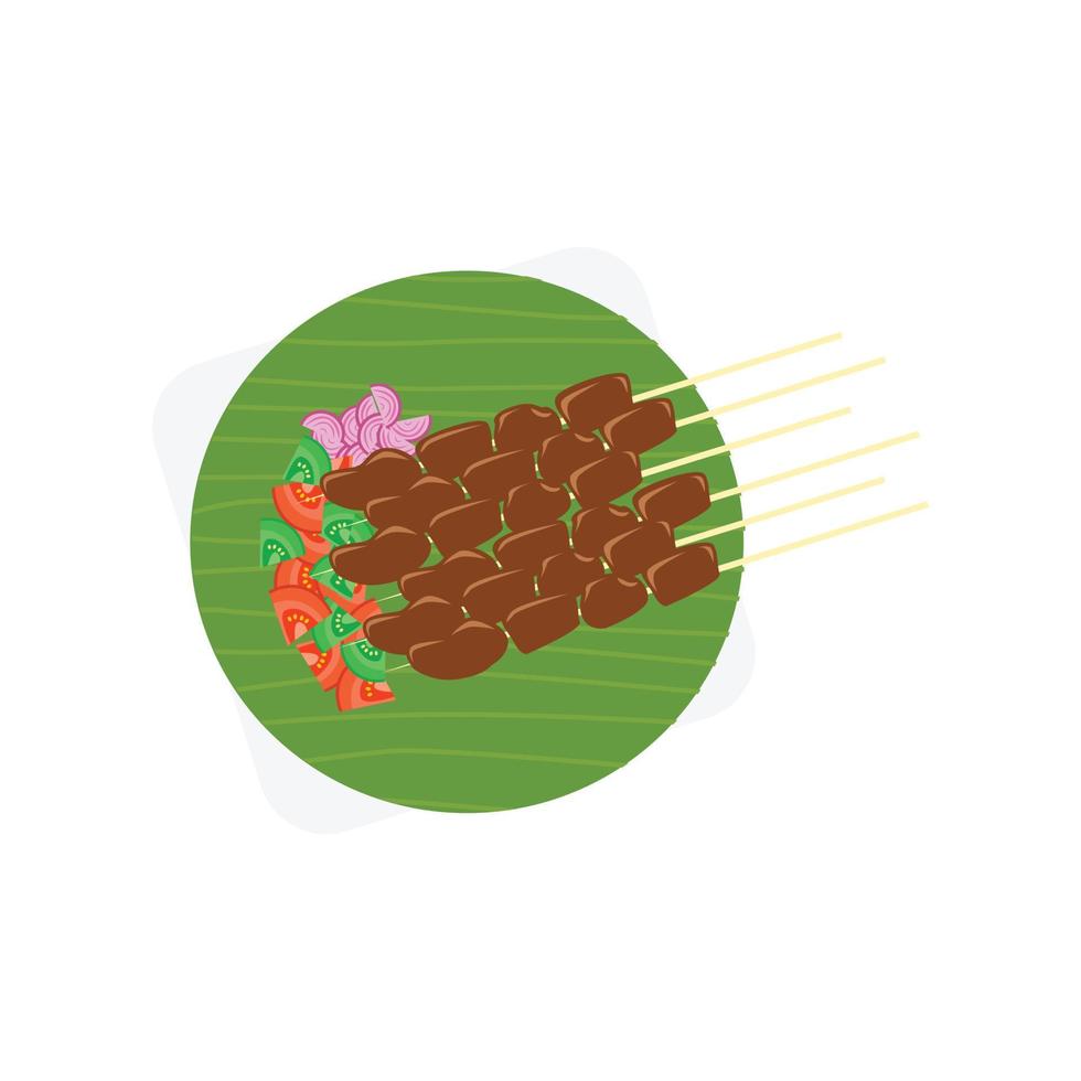 Illustration of Sate Maranggi, traditional skewer from West Java, Indonesia. Sate Maranggi made from chicken meat, slices of tomato, slices of shallots, sambal, and lime extract. vector